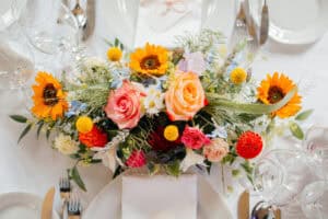 Colorful seasonal centerpiece on table